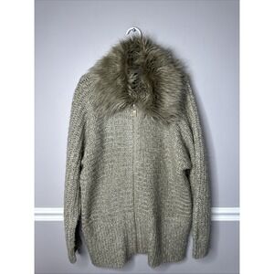 VTG Spiegal Women's Chunky Knit Long Sweater Faux Fur Collar (removable) Zip Tan